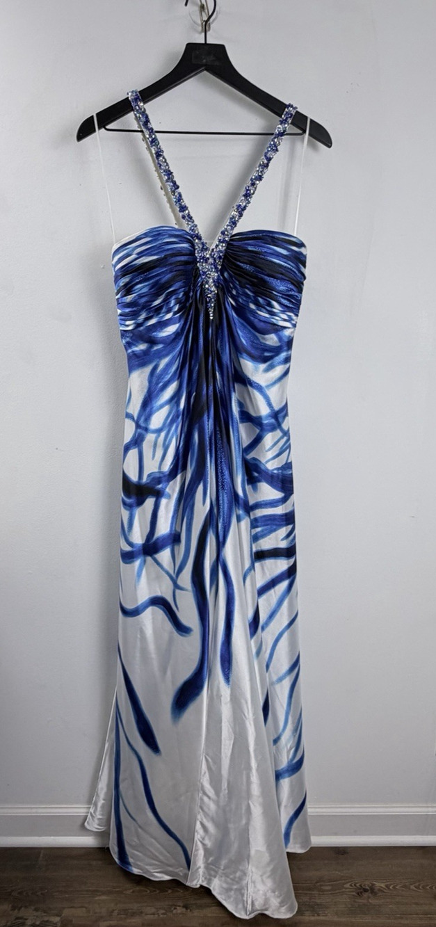 Cache Y2K Blue White Jewel Halter Neck Cocktail Prom Formal Satin Gown Sz 10